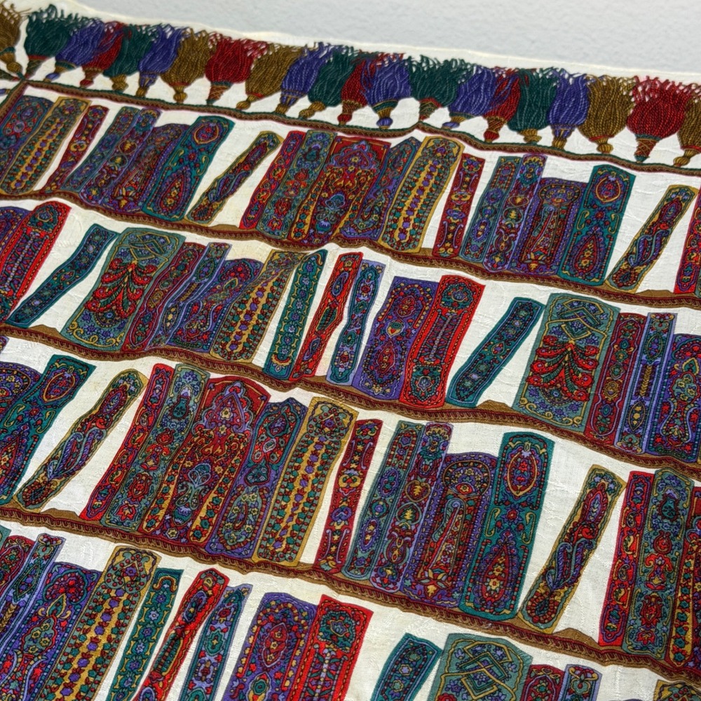 Vintage Celine Scarf 20x20 Multi Bookshelf Tassel Print Silk Cotton Handkerchief - Picture 3 of 6